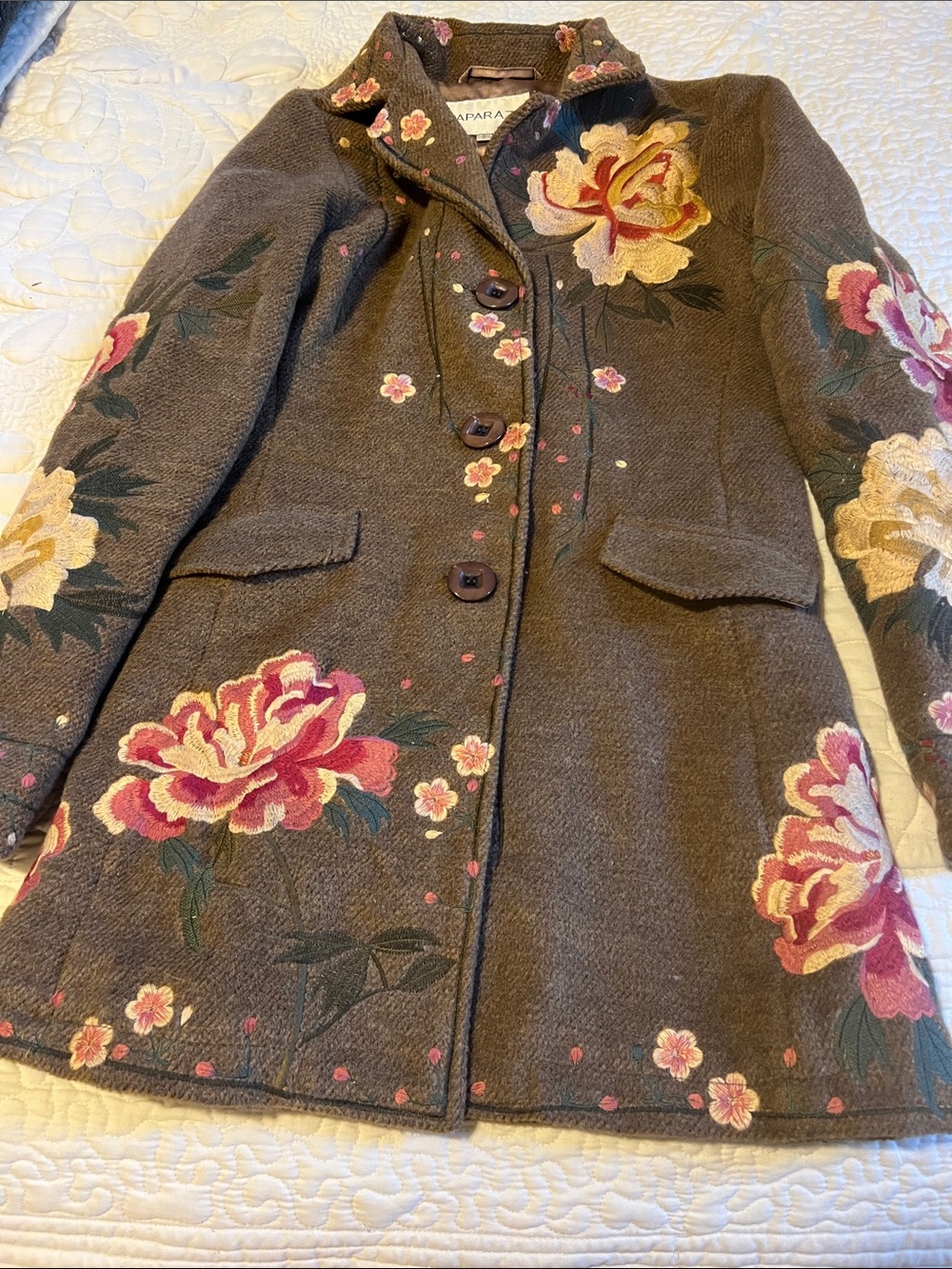 paparazzi Brown Floral Embroidered Pea Coat